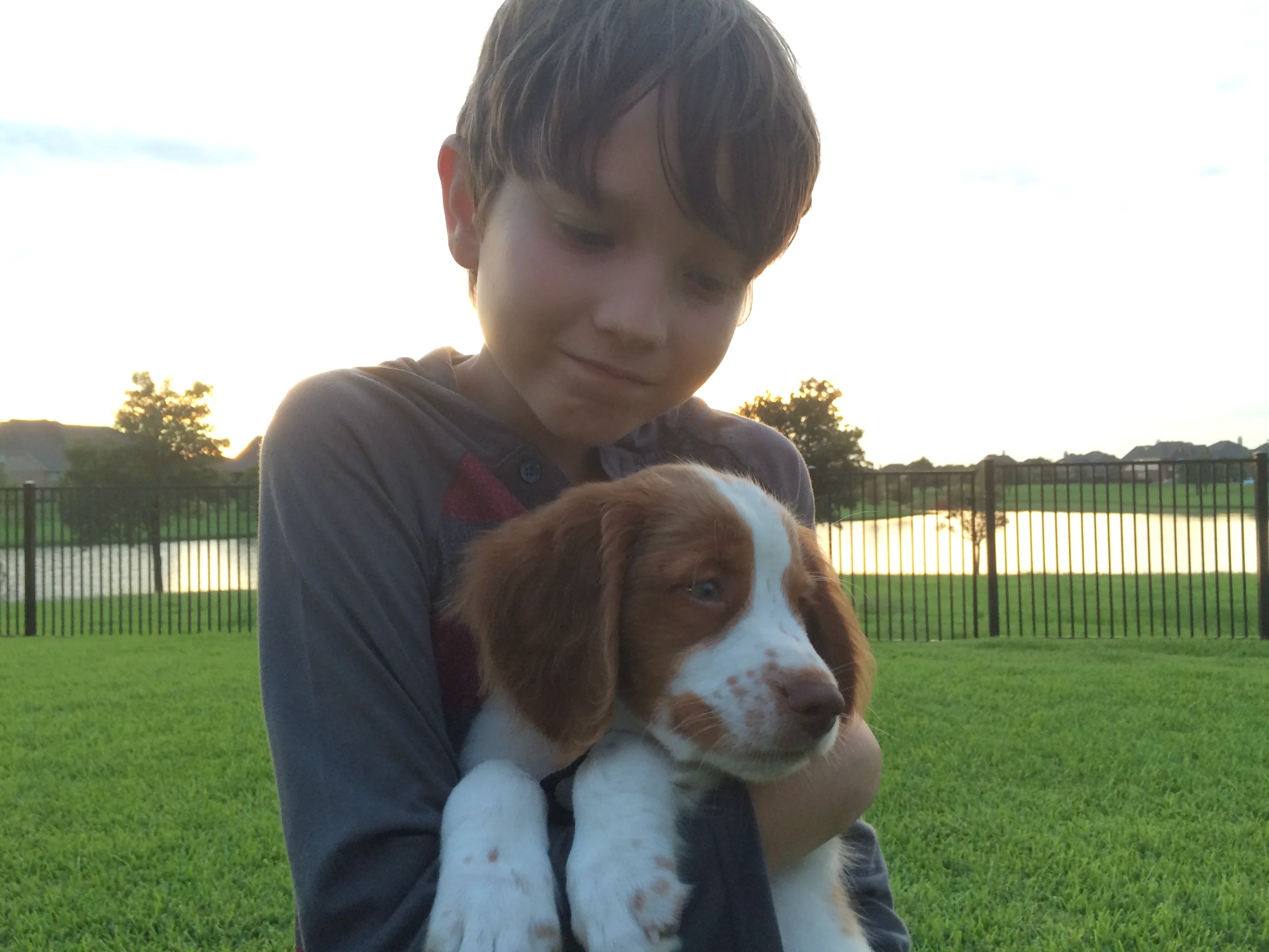 Micah holding puppy Sundance at sunset.
